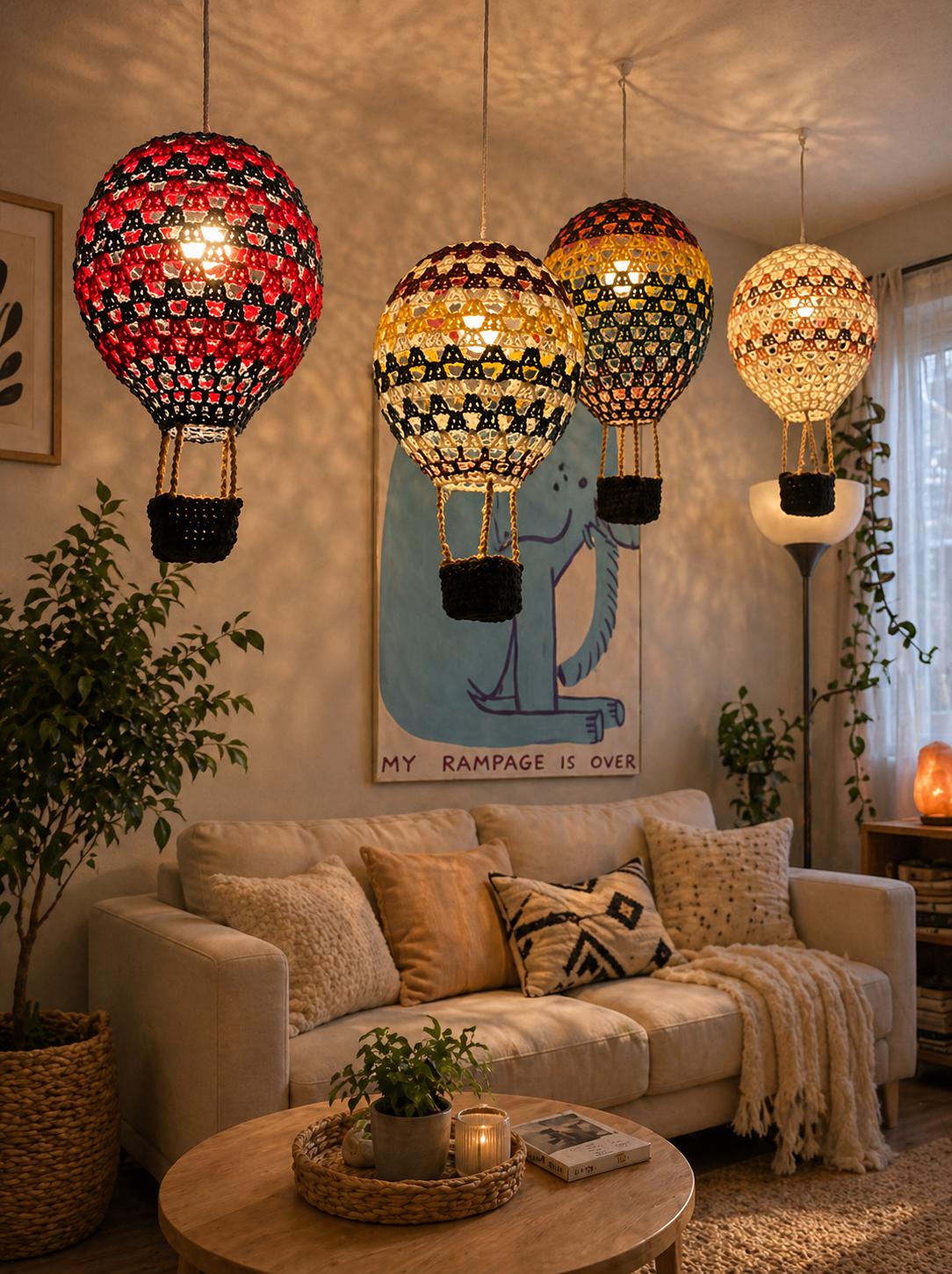 Crochet Hot Air Balloon Lamp Pattern PDF, DIY Hanging Light Crochet Pattern, Nursery Decor Crochet, Handmade Balloon Lamp Tutorial