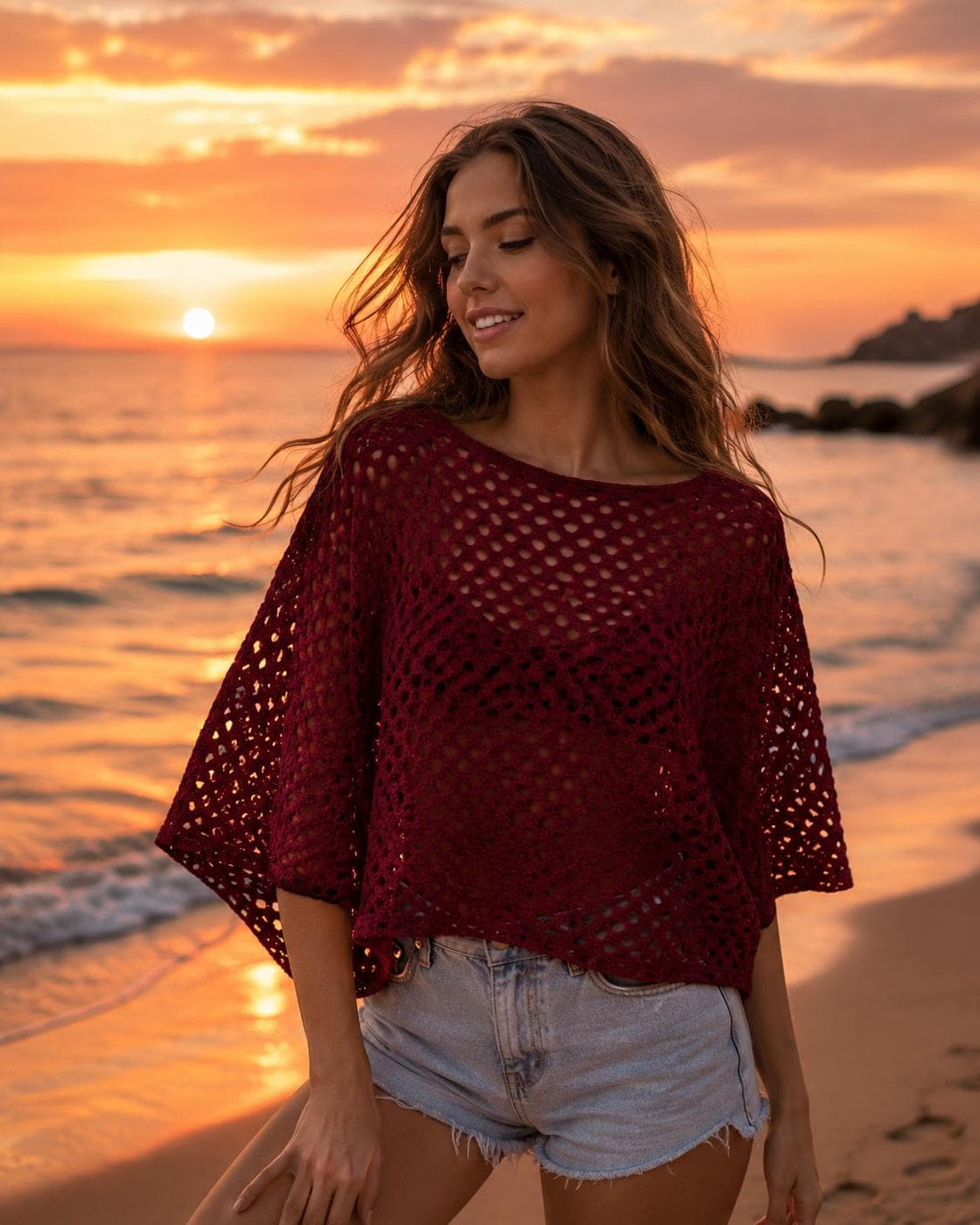 Dark Red Crochet Poncho Pattern PDF